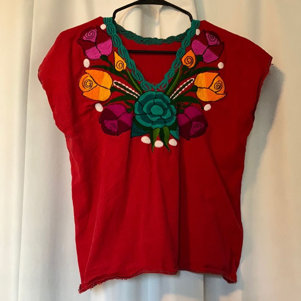 Handmade Red Mexican Embroidered Top